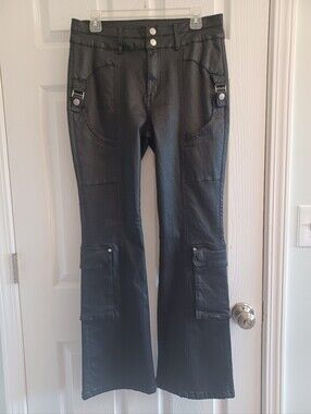 VBRT Black Shiny Coated Moto Cargo Flare Jeans Sz 13 W30 Chic Biker Costume